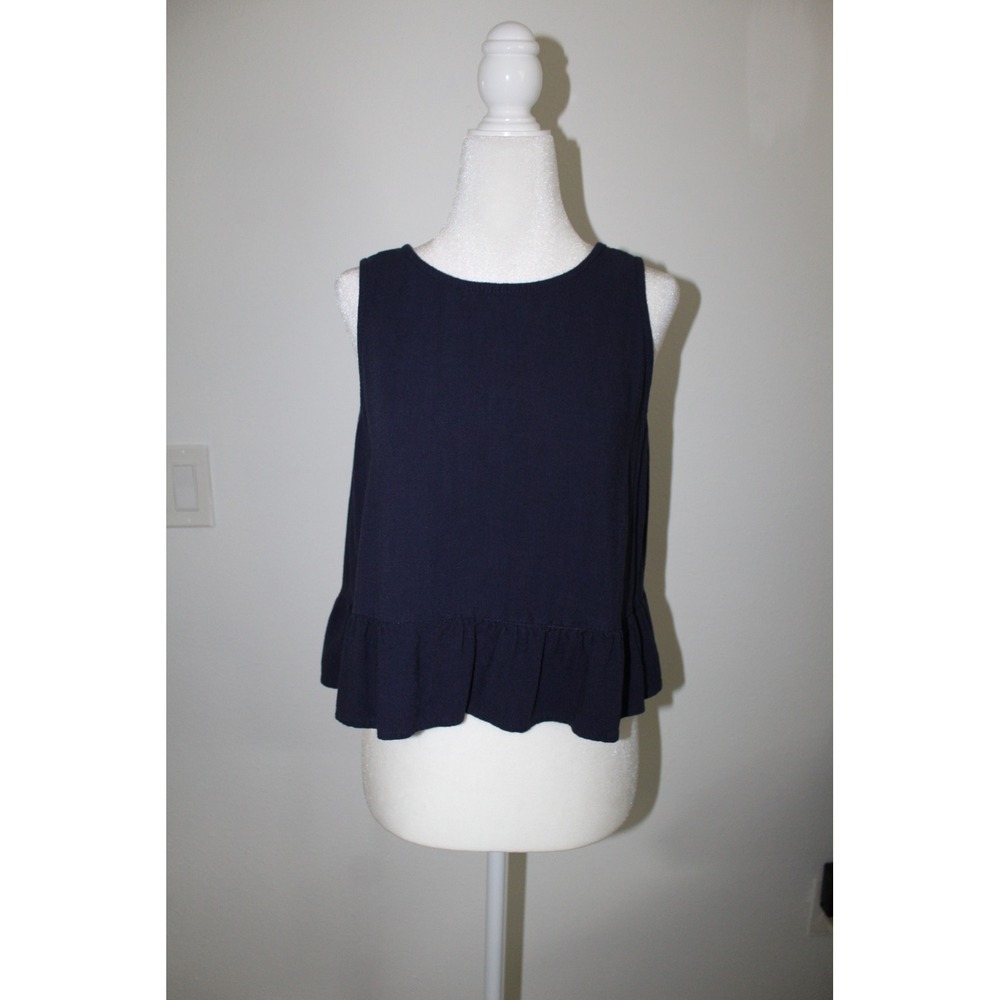 Beachsissi‎ Navy Blue Ruffle Peplum Crop Top Sleeveless Back Button Boho Medium